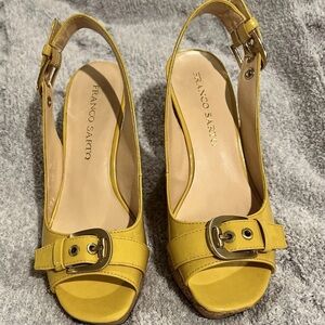 Franco Sarto Mustard Yellow Cork Wedge Sandals 7.5 Buckle Detail LIKE NWB